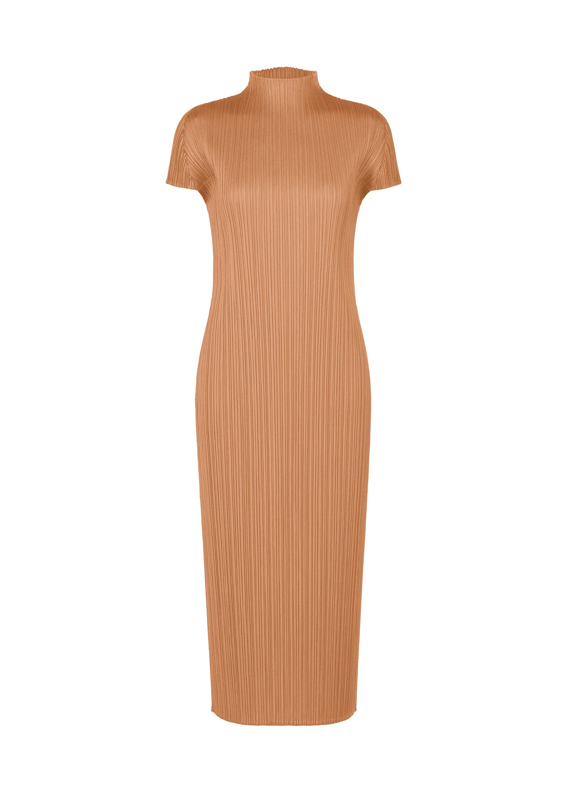 Zoomed view The MONTHLY COLORS : JUNE by PLEATS PLEASE ISSEY MIYAKE is a camel ribbed short-sleeved dress with a mock neck and fitted silhouette, inspired by coastal hues and shown against a white background. - PINK BEIGE （no.25）