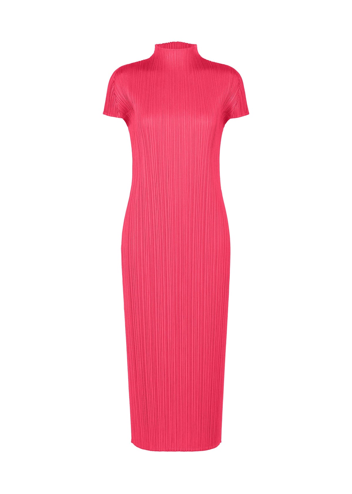 The MONTHLY COLORS : JUNE midi high-neck dress by PLEATS PLEASE ISSEY MIYAKE, in bright pink with short sleeves and a pleated texture, is shown against a plain white background. view 3 of 9