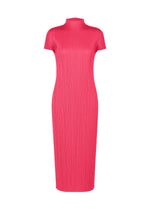 The MONTHLY COLORS : JUNE midi high-neck dress by PLEATS PLEASE ISSEY MIYAKE, in bright pink with short sleeves and a pleated texture, is shown against a plain white background. - BRIGHT PINK （no.26）
