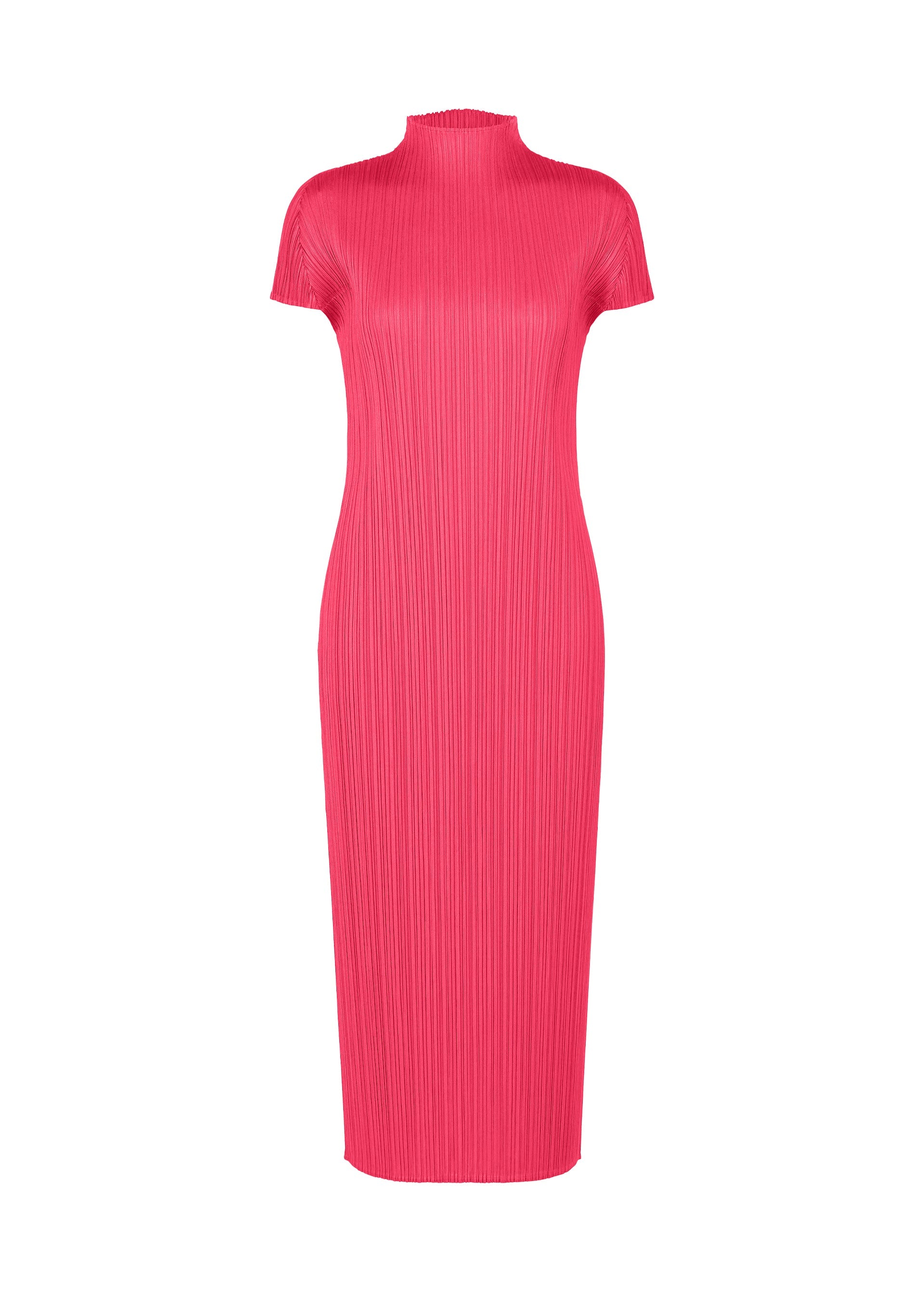 Zoomed view The MONTHLY COLORS : JUNE midi high-neck dress by PLEATS PLEASE ISSEY MIYAKE, in bright pink with short sleeves and a pleated texture, is shown against a plain white background. - BRIGHT PINK （no.26）