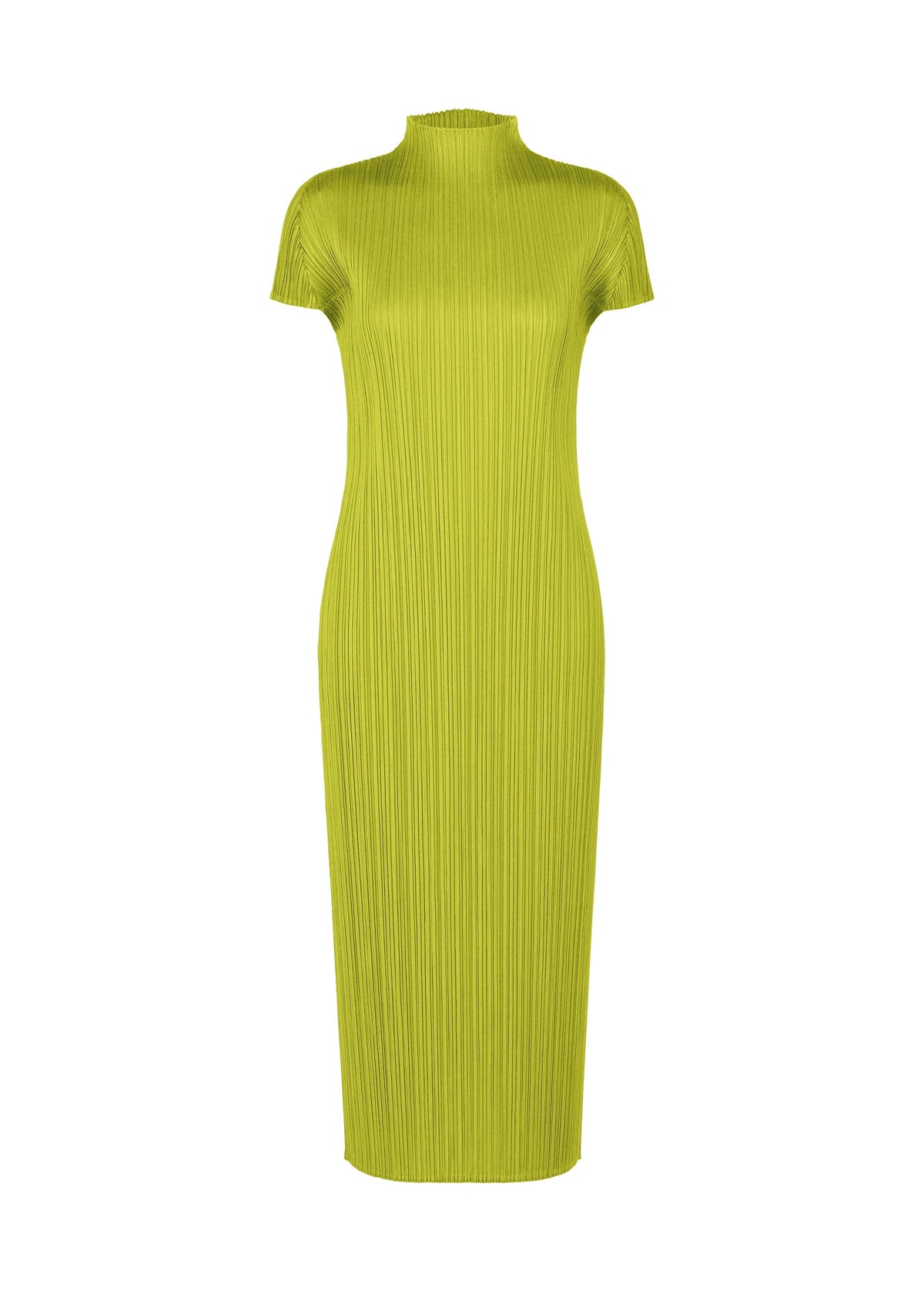 The MONTHLY COLORS : JUNE dress by PLEATS PLEASE ISSEY MIYAKE features a lime green hue, short sleeves, ribbed texture, high neckline, and a fitted straight silhouette in coastal tones against a white background. view 4 of 9