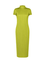 The MONTHLY COLORS : JUNE dress by PLEATS PLEASE ISSEY MIYAKE features a lime green hue, short sleeves, ribbed texture, high neckline, and a fitted straight silhouette in coastal tones against a white background. - YELLOW GREEN （no.64）
