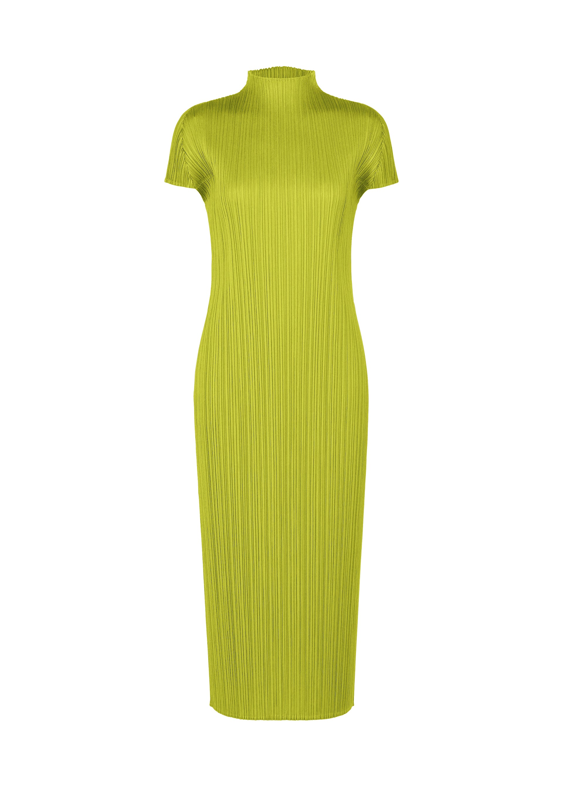 Zoomed view The MONTHLY COLORS : JUNE dress by PLEATS PLEASE ISSEY MIYAKE features a lime green hue, short sleeves, ribbed texture, high neckline, and a fitted straight silhouette in coastal tones against a white background. - YELLOW GREEN （no.64）
