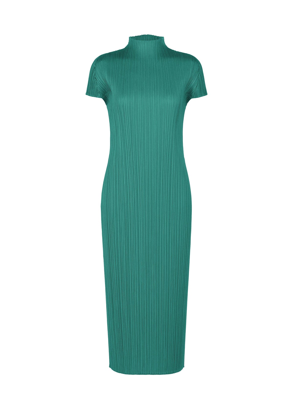 The MONTHLY COLORS : JUNE dress by PLEATS PLEASE ISSEY MIYAKE features a teal hue, short sleeves, midi length, high neckline, and vertical pleats, inspired by coastal tones. Displayed on a plain white background. view 5 of 9