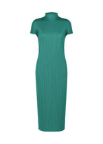 The MONTHLY COLORS : JUNE dress by PLEATS PLEASE ISSEY MIYAKE features a teal hue, short sleeves, midi length, high neckline, and vertical pleats, inspired by coastal tones. Displayed on a plain white background. - BLUE GREEN （no.69）
