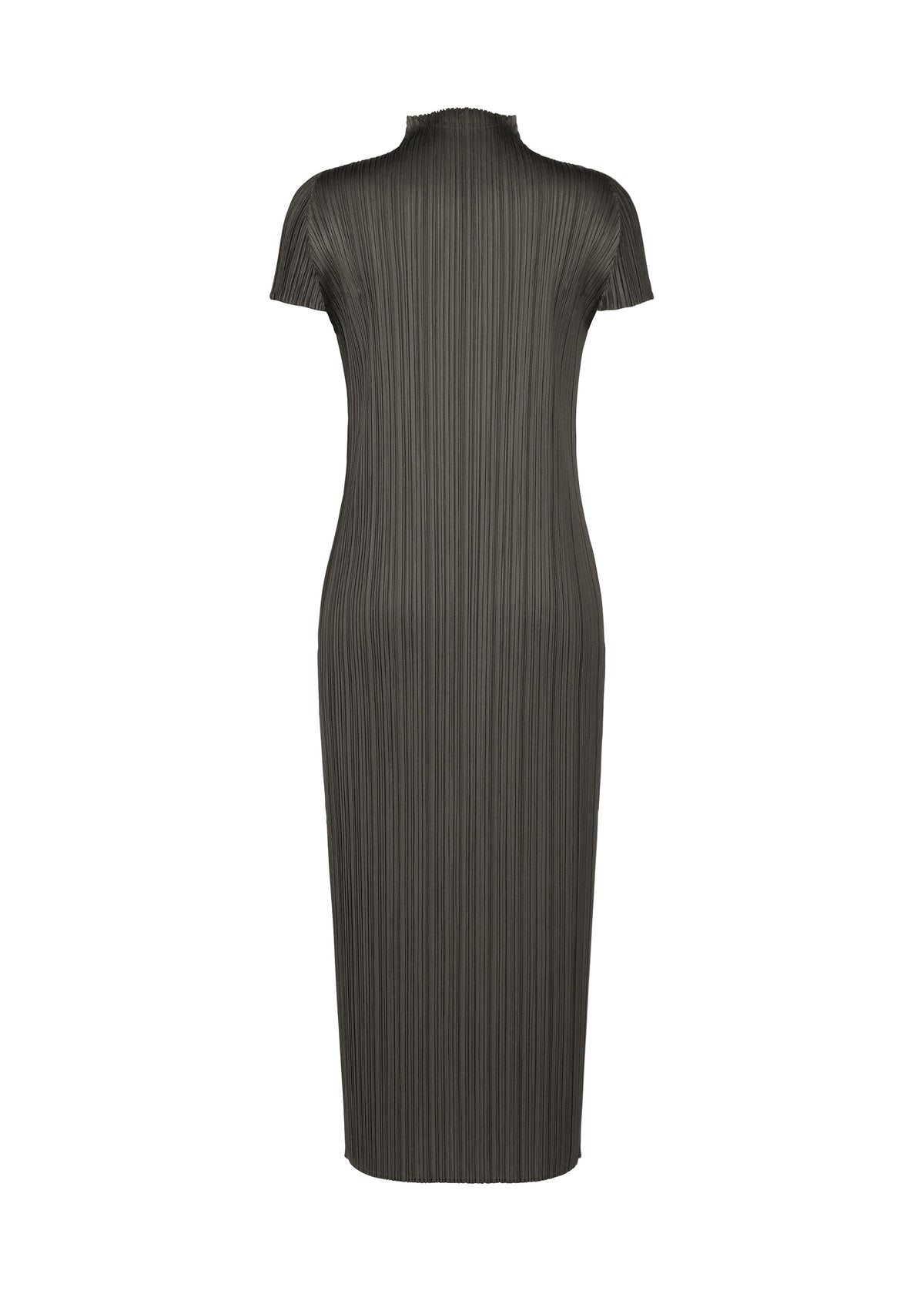 The back view shows the MONTHLY COLORS : JUNE fitted, short-sleeved dark gray midi dress with a ribbed, pleated texture by PLEATS PLEASE ISSEY MIYAKE, displayed on a plain white background. view 6 of 9