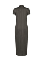 The back view shows the MONTHLY COLORS : JUNE fitted, short-sleeved dark gray midi dress with a ribbed, pleated texture by PLEATS PLEASE ISSEY MIYAKE, displayed on a plain white background.