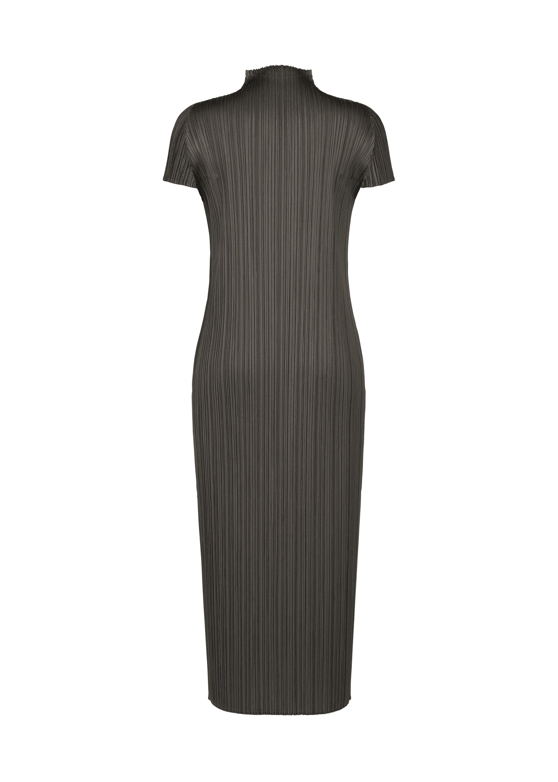 Zoomed view The back view shows the MONTHLY COLORS : JUNE fitted, short-sleeved dark gray midi dress with a ribbed, pleated texture by PLEATS PLEASE ISSEY MIYAKE, displayed on a plain white background.