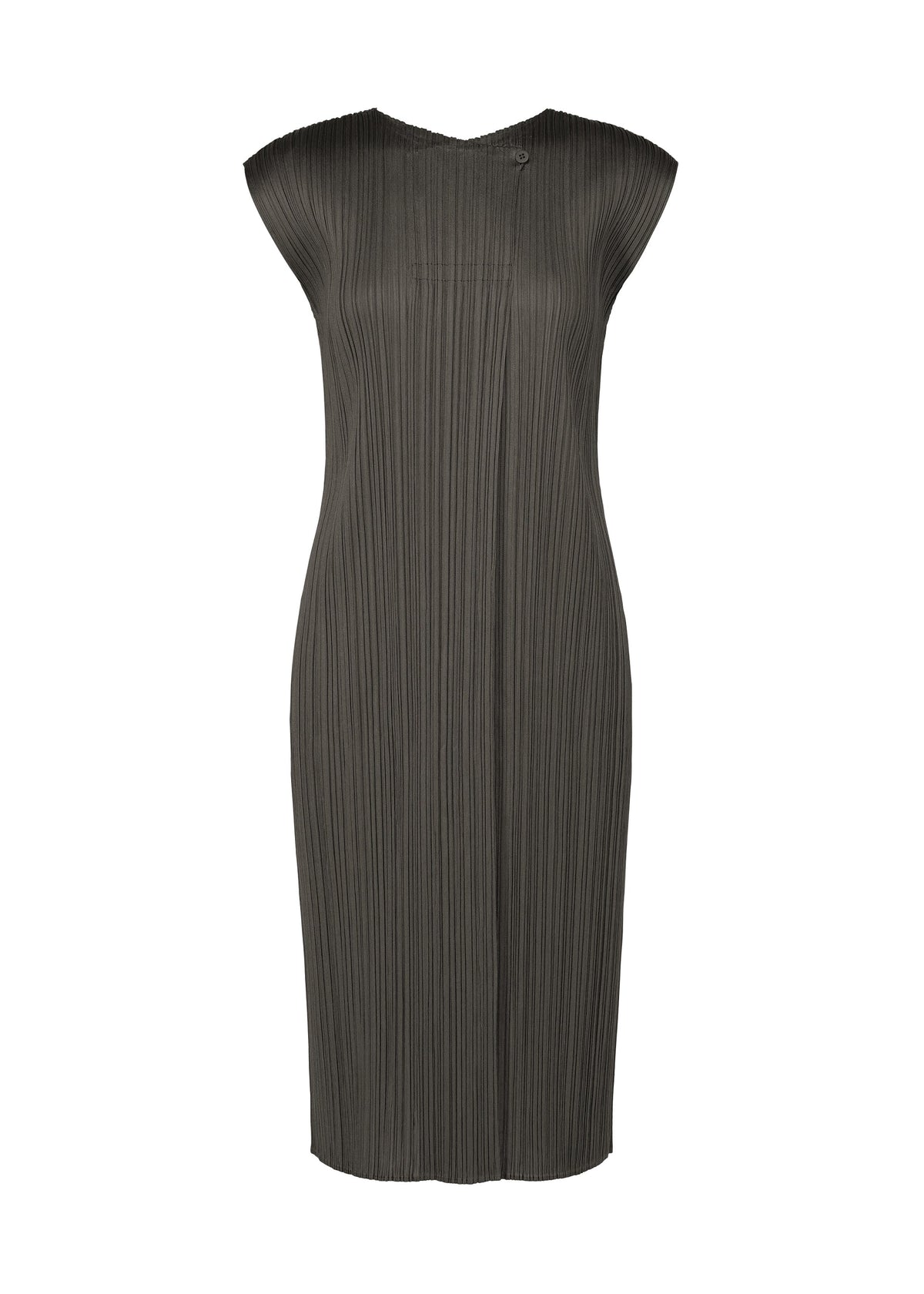 The MONTHLY COLORS : JUNE dress by PLEATS PLEASE ISSEY MIYAKE is a sleeveless, dark gray piece with vertical pleats, a round neckline, and a fitted silhouette, displayed on a plain white background. view 1 of 10