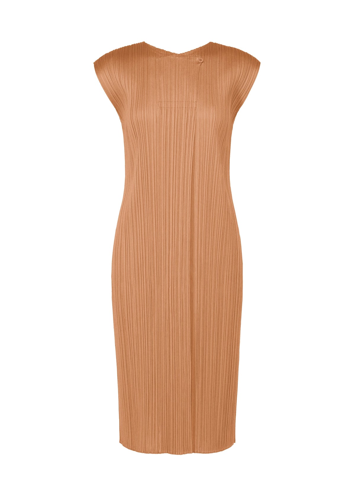 The MONTHLY COLORS : JUNE dress by PLEATS PLEASE ISSEY MIYAKE is a camel-colored, sleeveless, knee-length piece featuring a high neckline and vertical pleats for a sleek, minimalist look with no visible embellishments. view 2 of 10