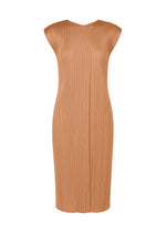 The MONTHLY COLORS : JUNE dress by PLEATS PLEASE ISSEY MIYAKE is a camel-colored, sleeveless, knee-length piece featuring a high neckline and vertical pleats for a sleek, minimalist look with no visible embellishments. - PINK BEIGE （no.25）
