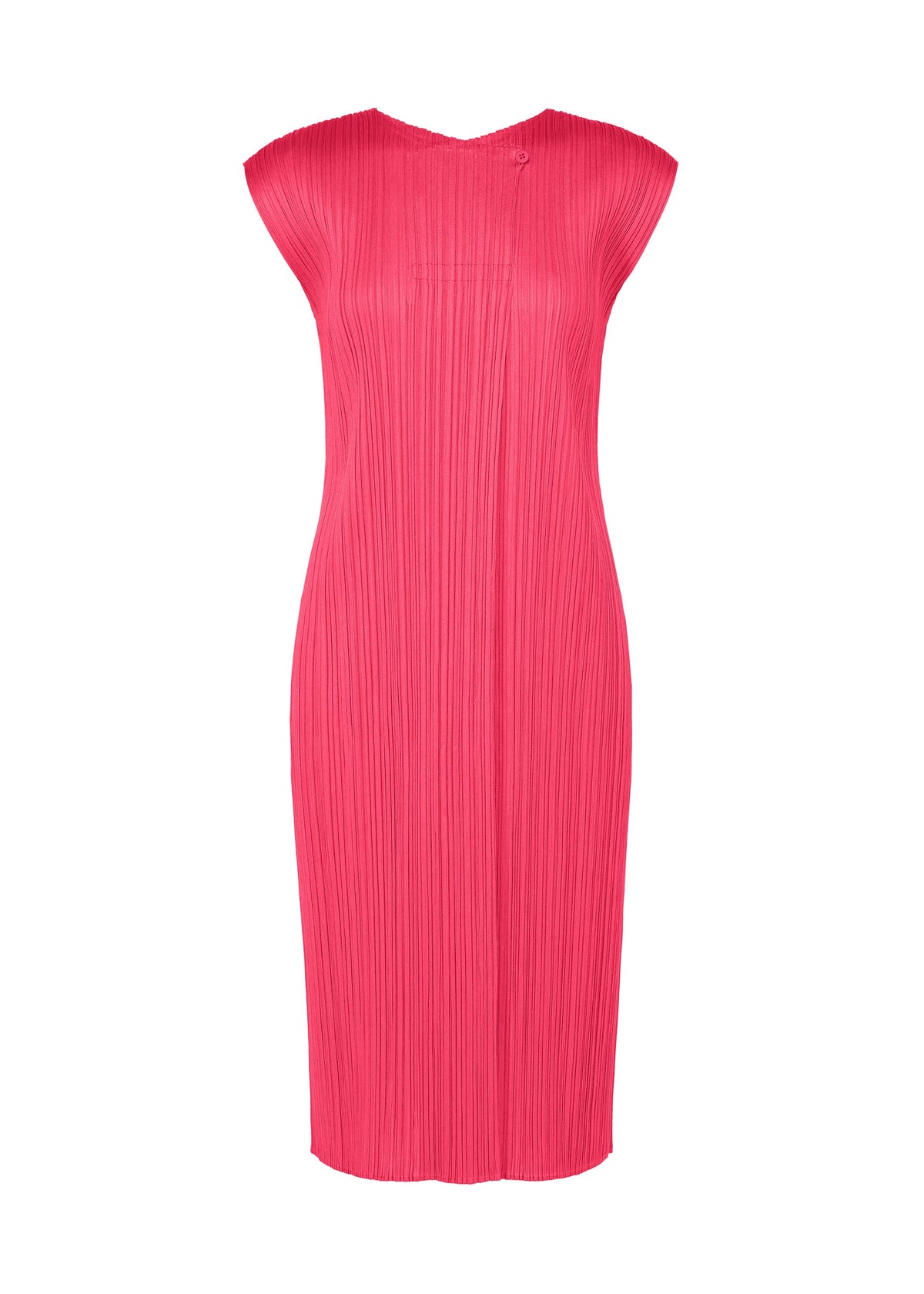 The MONTHLY COLORS : JUNE dress by PLEATS PLEASE ISSEY MIYAKE is a sleeveless, knee-length, round-neck piece in bright pink with pleated textured fabric and a seamless, fitted silhouette for effortless minimalist style. view 3 of 10