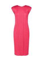 The MONTHLY COLORS : JUNE dress by PLEATS PLEASE ISSEY MIYAKE is a sleeveless, knee-length, round-neck piece in bright pink with pleated textured fabric and a seamless, fitted silhouette for effortless minimalist style. - BRIGHT PINK （no.26）