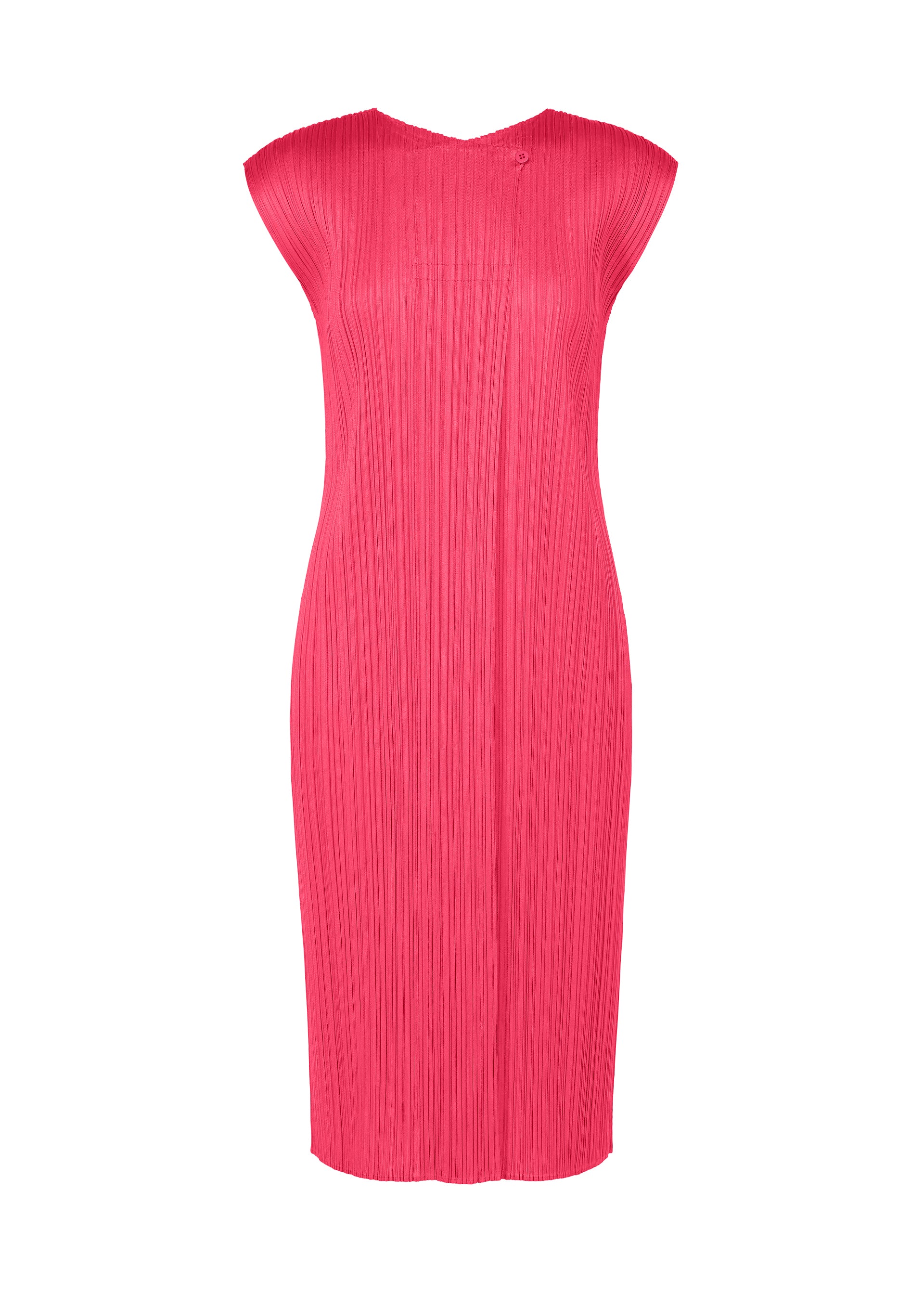 Zoomed view The MONTHLY COLORS : JUNE dress by PLEATS PLEASE ISSEY MIYAKE is a sleeveless, knee-length, round-neck piece in bright pink with pleated textured fabric and a seamless, fitted silhouette for effortless minimalist style. - BRIGHT PINK （no.26）