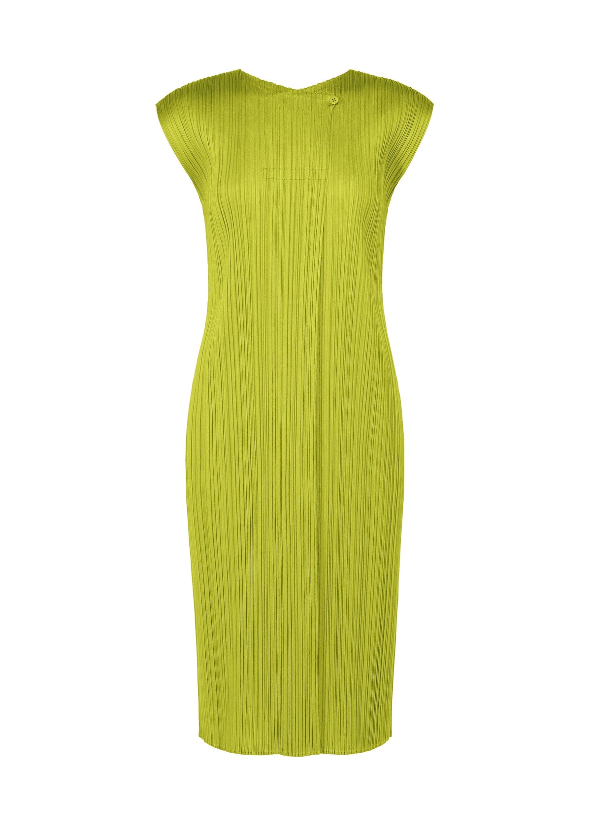 The MONTHLY COLORS : JUNE dress by PLEATS PLEASE ISSEY MIYAKE is a lime green, knee-length sleeveless piece with pleats, a fitted silhouette, and classic round neck, shown on a plain white background. view 4 of 10