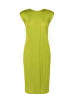 The MONTHLY COLORS : JUNE dress by PLEATS PLEASE ISSEY MIYAKE is a lime green, knee-length sleeveless piece with pleats, a fitted silhouette, and classic round neck, shown on a plain white background. - YELLOW GREEN （no.64）