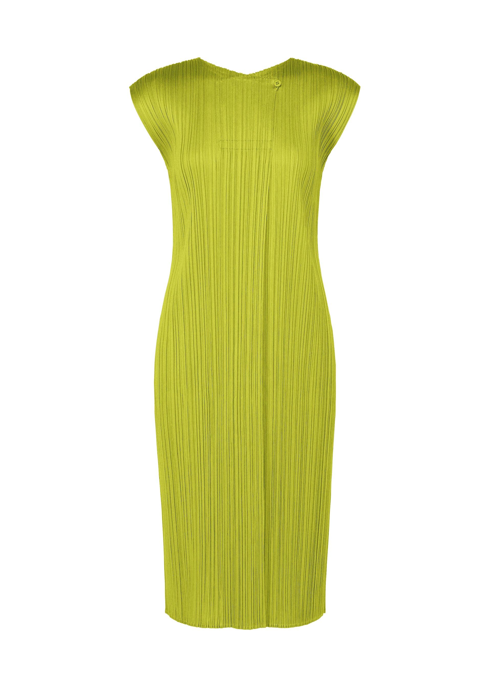 Zoomed view The MONTHLY COLORS : JUNE dress by PLEATS PLEASE ISSEY MIYAKE is a lime green, knee-length sleeveless piece with pleats, a fitted silhouette, and classic round neck, shown on a plain white background. - YELLOW GREEN （no.64）