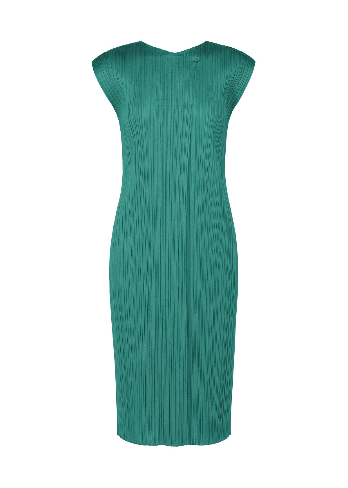 The MONTHLY COLORS : JUNE dress by PLEATS PLEASE ISSEY MIYAKE is a teal, sleeveless, knee-length round-neck style with a fitted silhouette and vertical pleats, shown on a plain white background. view 5 of 10