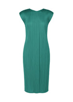 The MONTHLY COLORS : JUNE dress by PLEATS PLEASE ISSEY MIYAKE is a teal, sleeveless, knee-length round-neck style with a fitted silhouette and vertical pleats, shown on a plain white background. - BLUE GREEN （no.69）