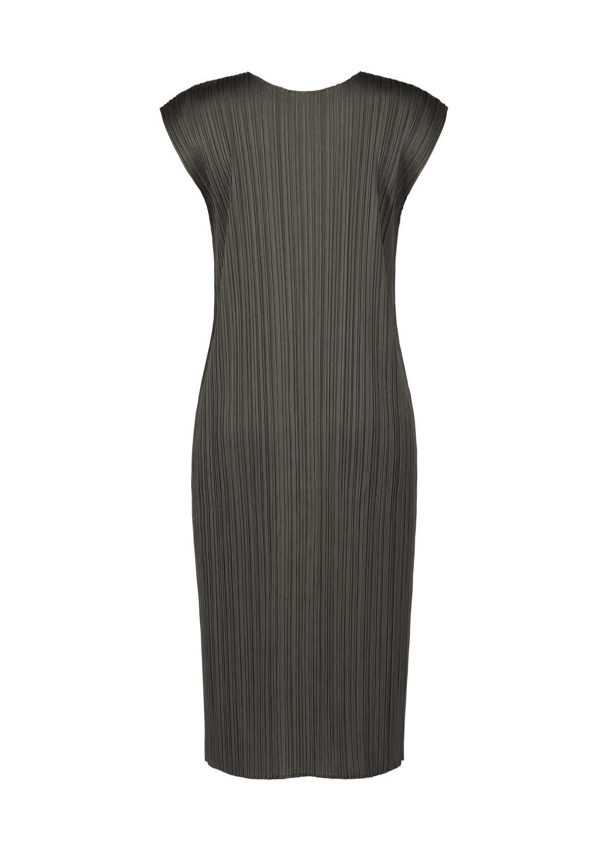 The MONTHLY COLORS : JUNE dress by PLEATS PLEASE ISSEY MIYAKE is a dark gray, knee-length, round-neck style with vertical pleats and cap sleeves, shown from the back against a plain white background. view 6 of 10