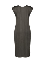 The MONTHLY COLORS : JUNE dress by PLEATS PLEASE ISSEY MIYAKE is a dark gray, knee-length, round-neck style with vertical pleats and cap sleeves, shown from the back against a plain white background.