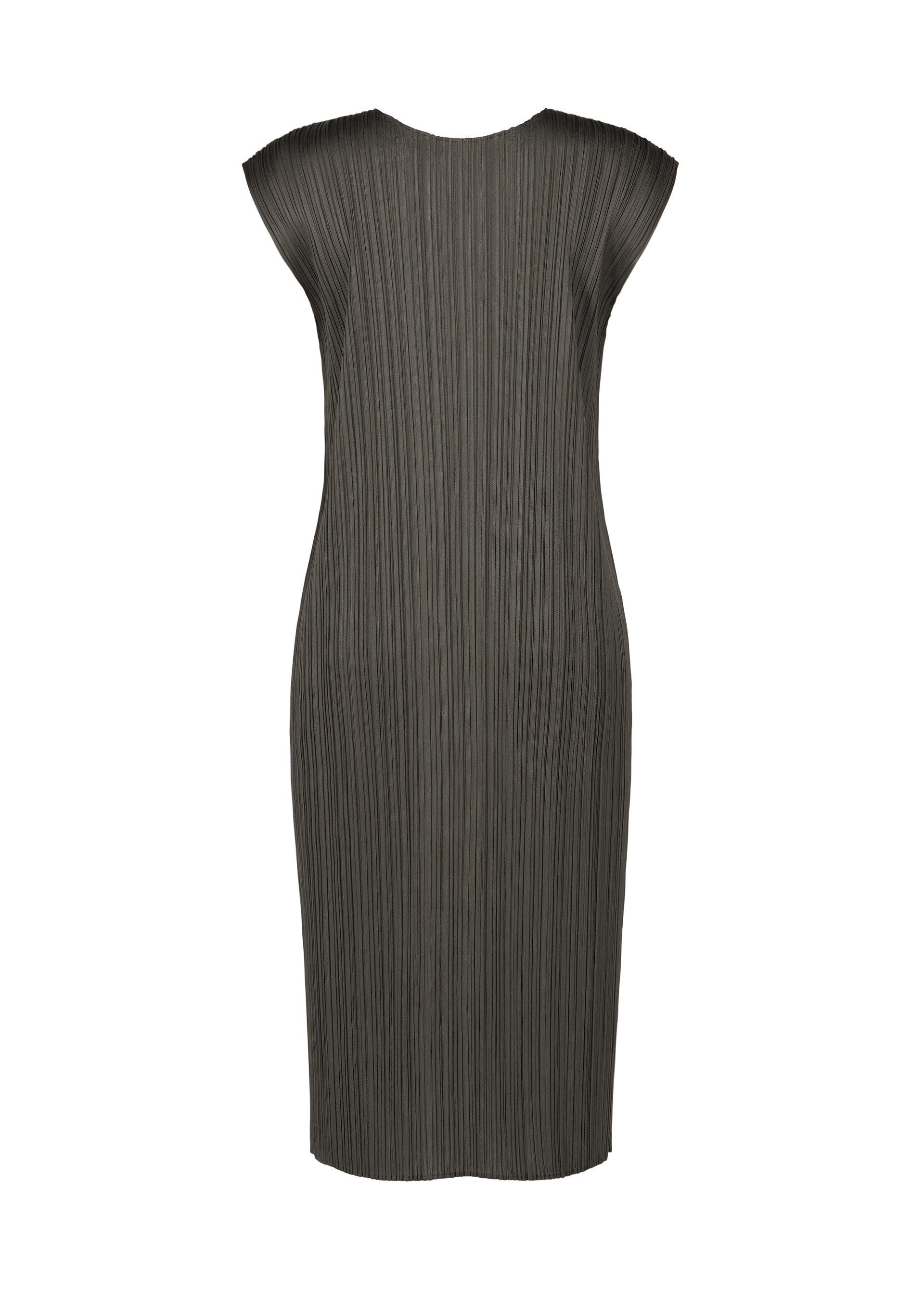 Zoomed view The MONTHLY COLORS : JUNE dress by PLEATS PLEASE ISSEY MIYAKE is a dark gray, knee-length, round-neck style with vertical pleats and cap sleeves, shown from the back against a plain white background.