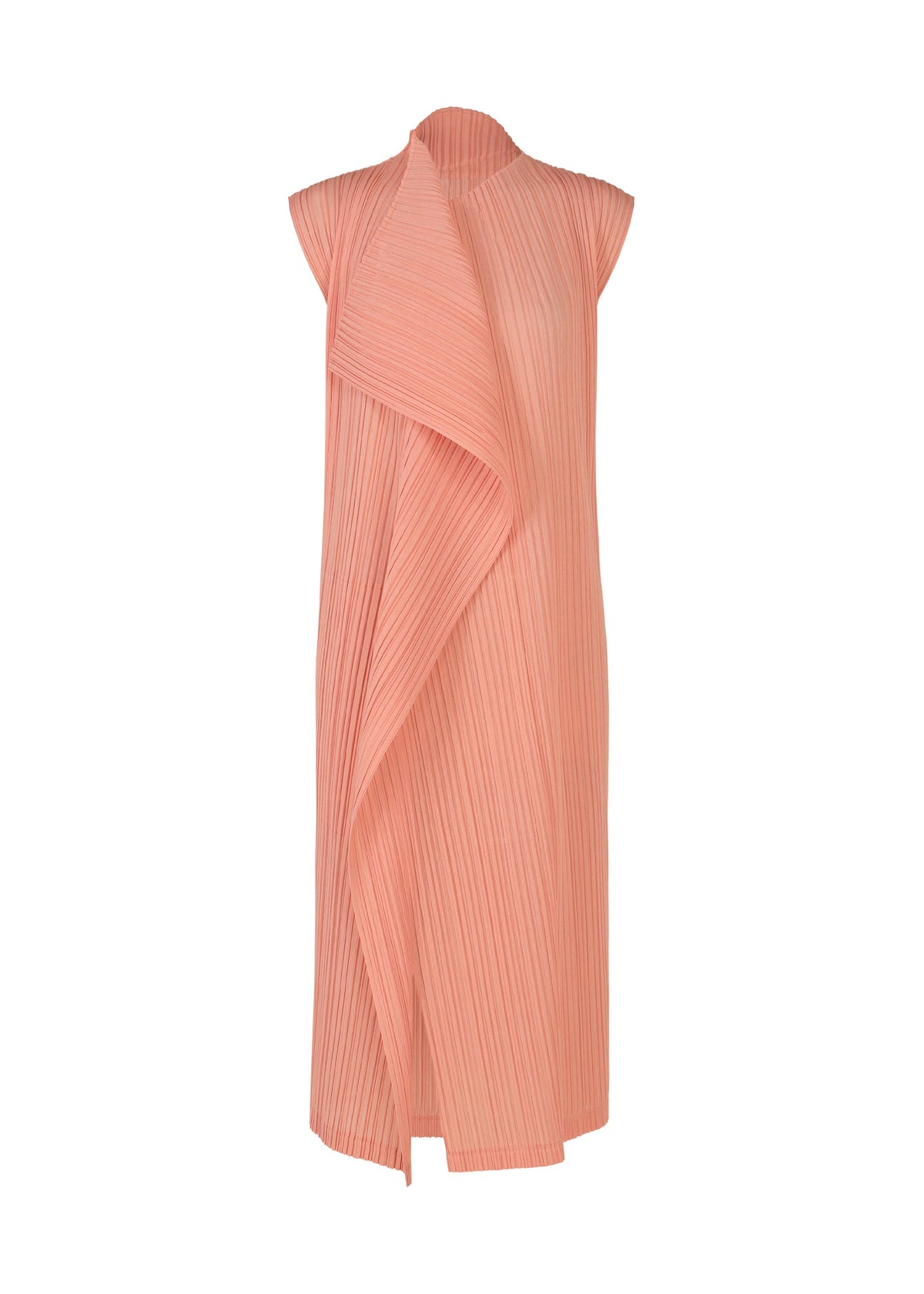 The RAMIE PLEATS dress by PLEATS PLEASE ISSEY MIYAKE features a sleeveless, knee-length design in light coral ramie with a high collar and asymmetric draped front with vertical pleats—a modern, sculptural spring statement. view 1 of 9