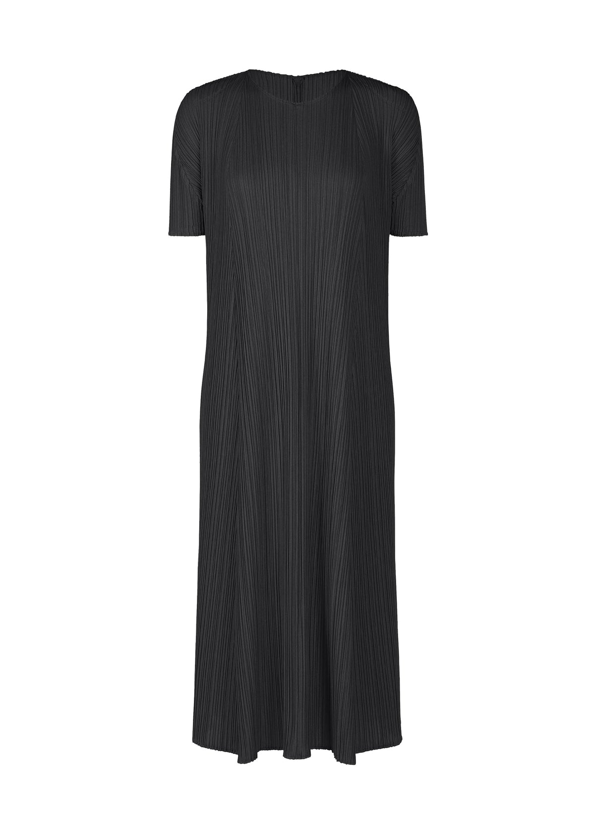 The MELLOW PLEATS by PLEATS PLEASE ISSEY MIYAKE is a knee-length, short-sleeved black round-neck dress with a loose fit and pleated texture, made from soft fabric and shown against a white background. view 2 of 8