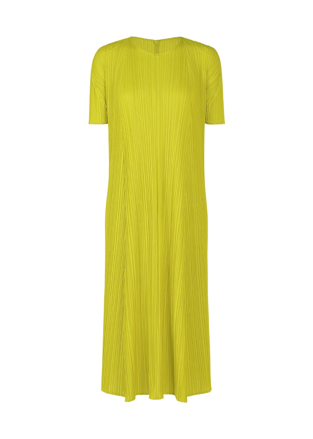 The MELLOW PLEATS dress by PLEATS PLEASE ISSEY MIYAKE is bright yellow, knee-length, and short-sleeved with a loose fit and soft pleated texture, shown against a white background. view 3 of 8