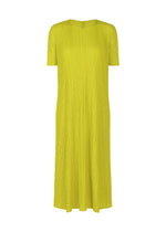 The MELLOW PLEATS dress by PLEATS PLEASE ISSEY MIYAKE is bright yellow, knee-length, and short-sleeved with a loose fit and soft pleated texture, shown against a white background. - MUSTARD （no.58）