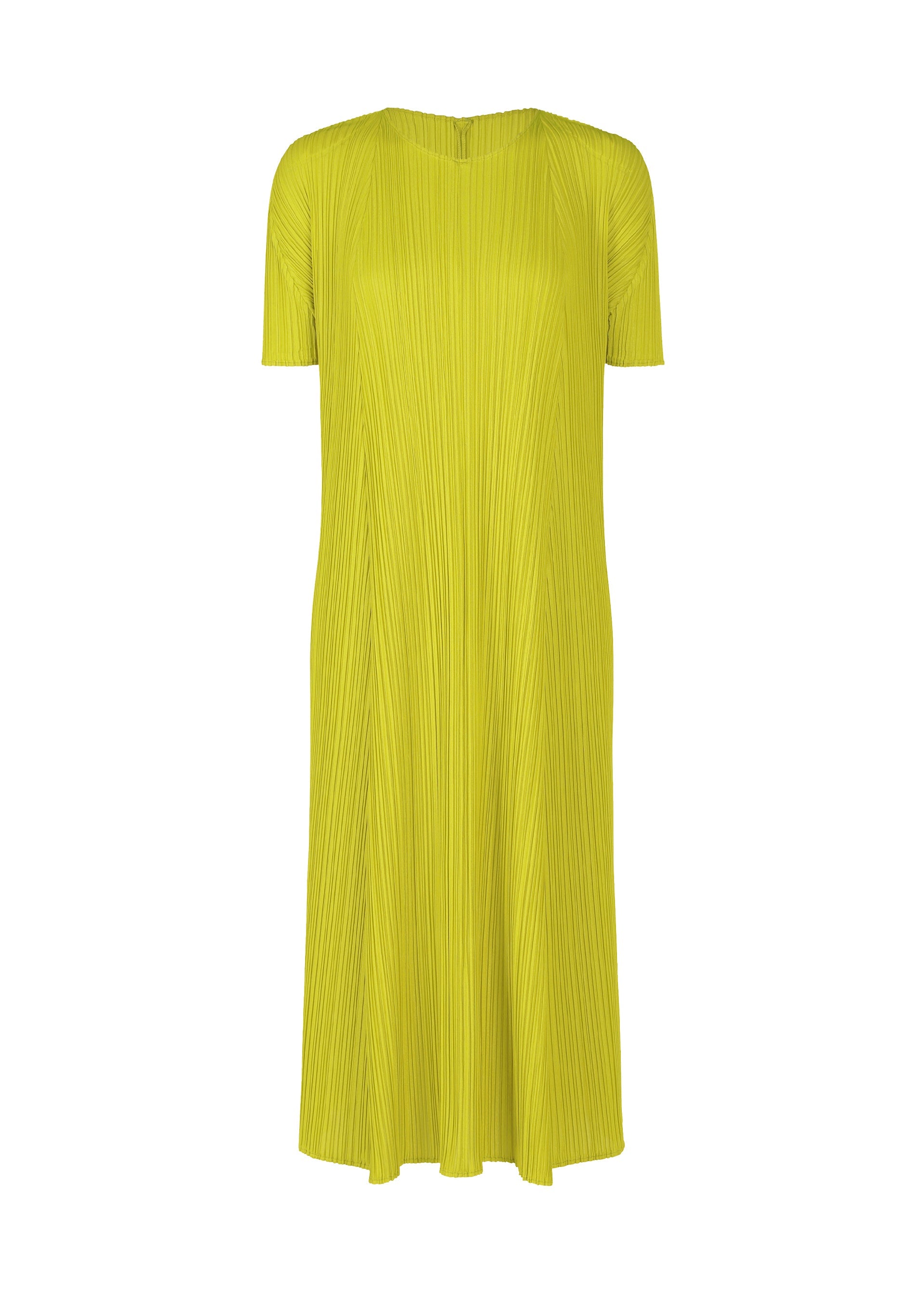 Zoomed view The MELLOW PLEATS dress by PLEATS PLEASE ISSEY MIYAKE is bright yellow, knee-length, and short-sleeved with a loose fit and soft pleated texture, shown against a white background. - MUSTARD （no.58）