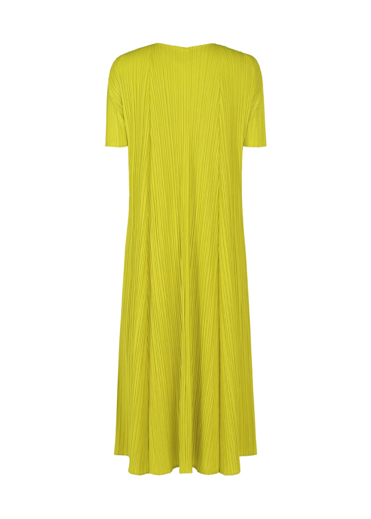 The MELLOW PLEATS dress by PLEATS PLEASE ISSEY MIYAKE, featuring short sleeves and a knee-length yellow pleated design with a round neck in soft-textured fabric, is displayed from the back on a plain white background. view 4 of 8