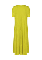The MELLOW PLEATS dress by PLEATS PLEASE ISSEY MIYAKE, featuring short sleeves and a knee-length yellow pleated design with a round neck in soft-textured fabric, is displayed from the back on a plain white background.