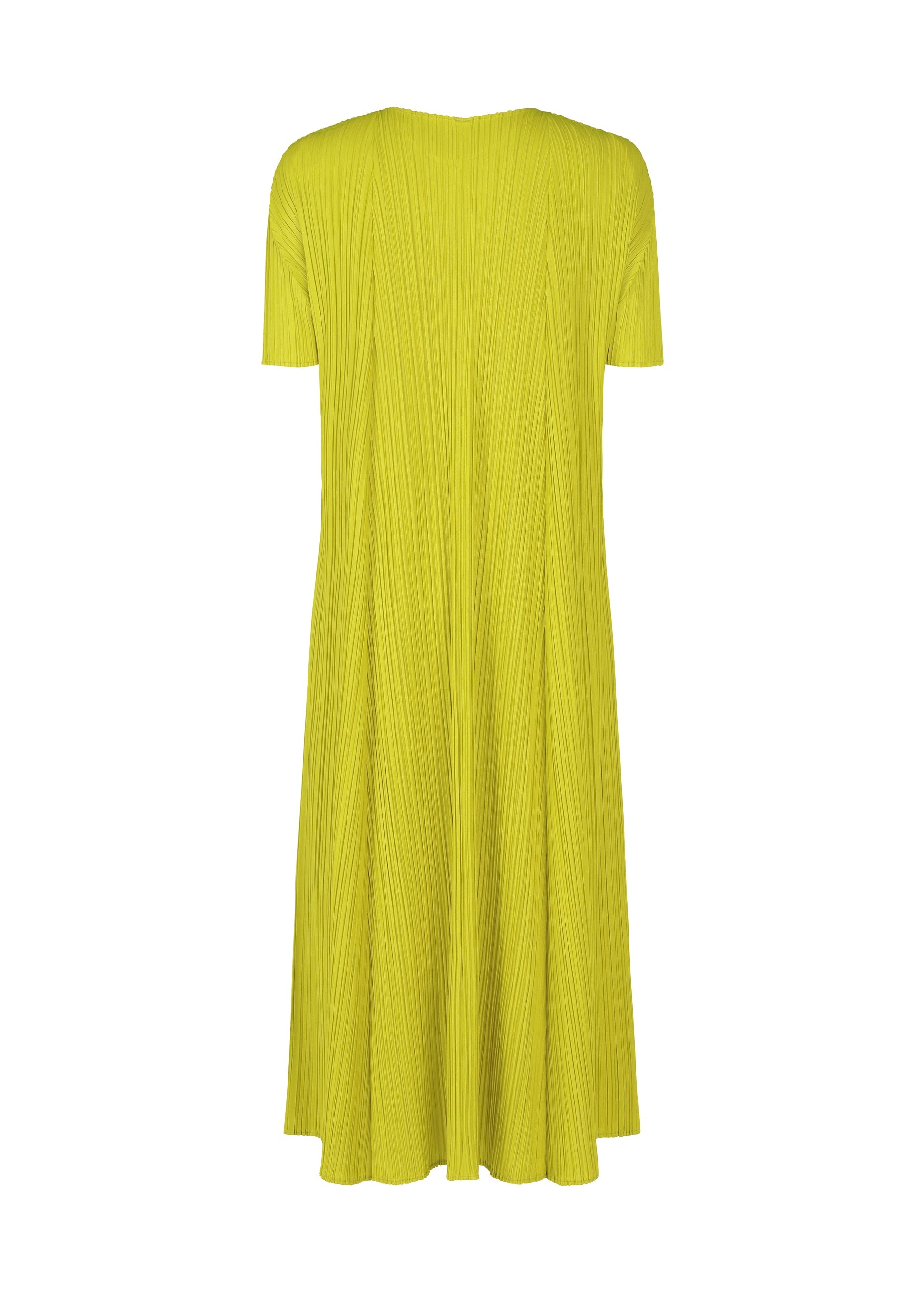 Zoomed view The MELLOW PLEATS dress by PLEATS PLEASE ISSEY MIYAKE, featuring short sleeves and a knee-length yellow pleated design with a round neck in soft-textured fabric, is displayed from the back on a plain white background.