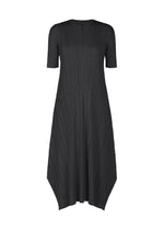 The MELLOW PLEATS dress by PLEATS PLEASE ISSEY MIYAKE is a black, knee-length V-neck design with short sleeves, pleated texture, an A-line silhouette, and a distinctive uneven pointed hem. - BLACK （no.15）