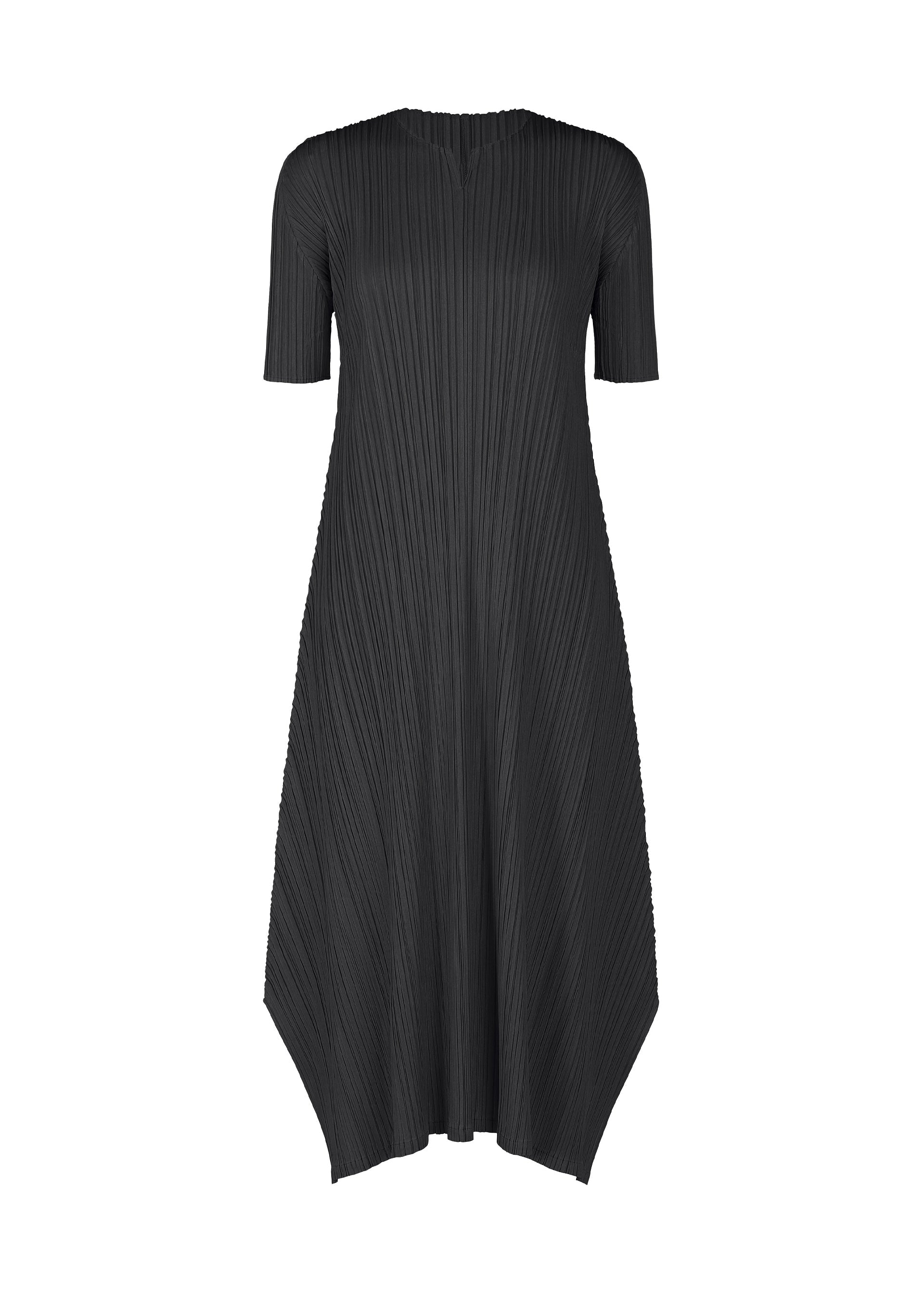 Zoomed view The MELLOW PLEATS dress by PLEATS PLEASE ISSEY MIYAKE is a black, knee-length V-neck design with short sleeves, pleated texture, an A-line silhouette, and a distinctive uneven pointed hem. - BLACK （no.15）