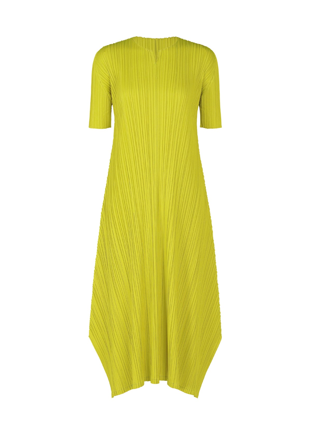 The MELLOW PLEATS midi dress by PLEATS PLEASE ISSEY MIYAKE, in yellow soft-textured fabric, features short sleeves, a round neckline, pleated details, and an asymmetric hem. It is displayed against a white background. view 3 of 9