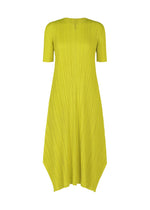 The MELLOW PLEATS midi dress by PLEATS PLEASE ISSEY MIYAKE, in yellow soft-textured fabric, features short sleeves, a round neckline, pleated details, and an asymmetric hem. It is displayed against a white background. - MUSTARD （no.58）