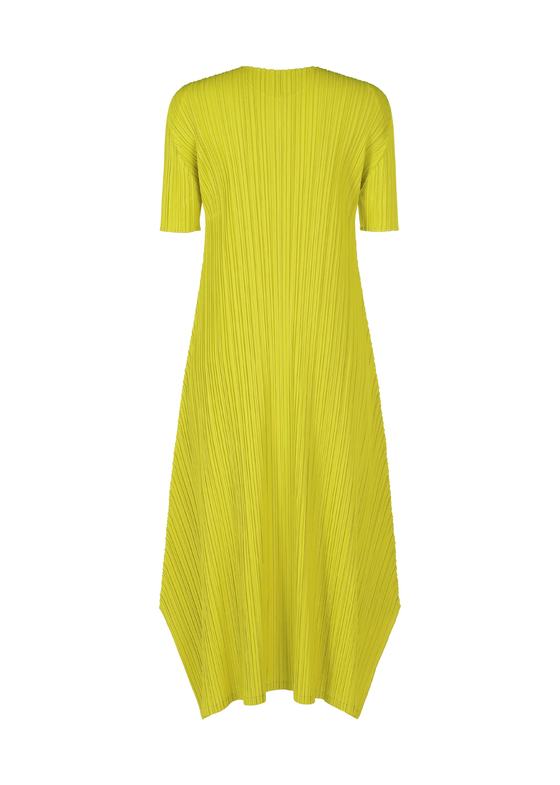 Zoomed view The MELLOW PLEATS dress by PLEATS PLEASE ISSEY MIYAKE is a bright yellow, short-sleeve V-neck midi with an asymmetrical handkerchief hem and pleated texture, shown on a plain white background.
