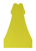 The MELLOW PLEATS dress by PLEATS PLEASE ISSEY MIYAKE is a bright yellow, elbow-sleeved piece with a wide, flared hem and vertical pleats. It’s made from soft-textured fabric and shown laid flat on a white background.