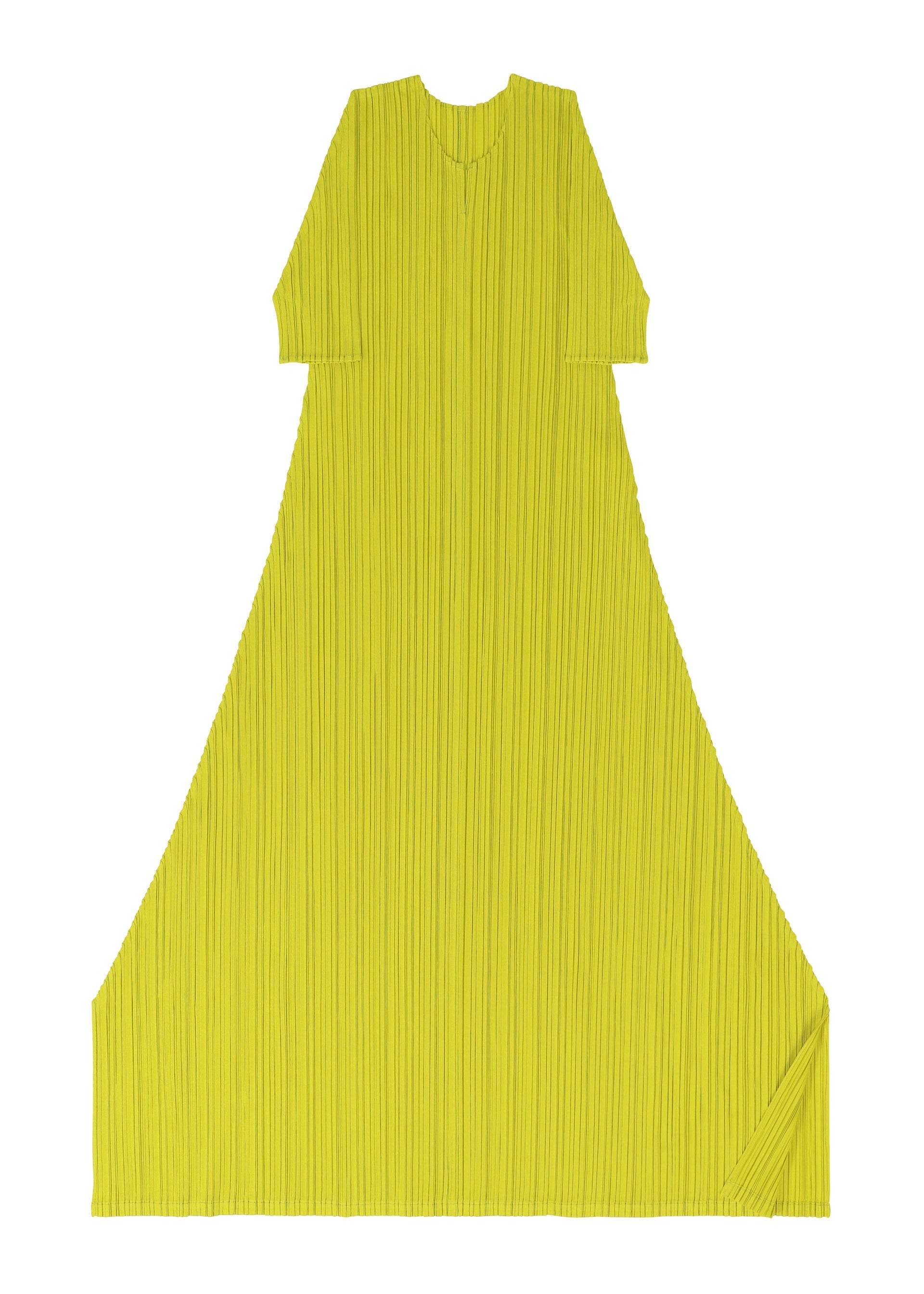 Zoomed view The MELLOW PLEATS dress by PLEATS PLEASE ISSEY MIYAKE is a bright yellow, elbow-sleeved piece with a wide, flared hem and vertical pleats. It’s made from soft-textured fabric and shown laid flat on a white background.