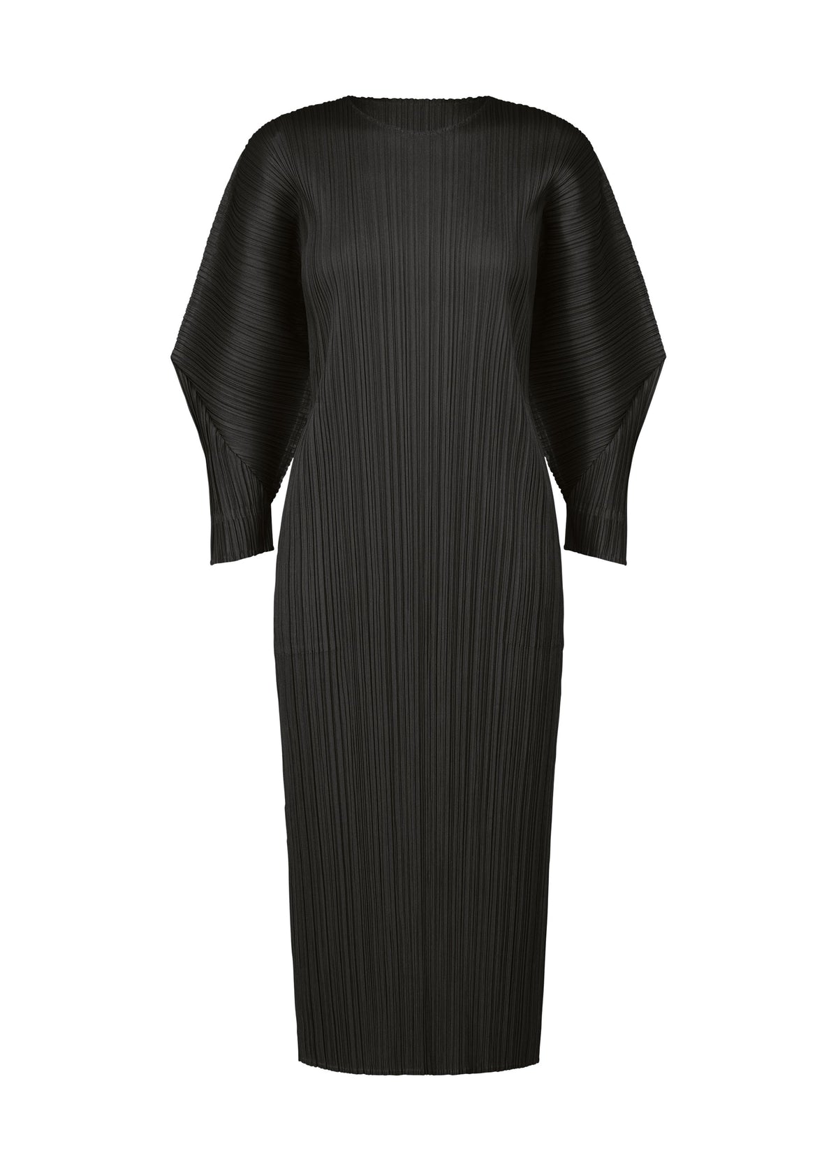 The SKYLINE dress by PLEATS PLEASE ISSEY MIYAKE features a black round-neck, straight silhouette, long dolman sleeves, and textured pleated fabric. Its simple design falls below the knees for effortless elegance. view 2 of 7