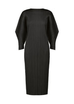 The SKYLINE dress by PLEATS PLEASE ISSEY MIYAKE features a black round-neck, straight silhouette, long dolman sleeves, and textured pleated fabric. Its simple design falls below the knees for effortless elegance. - BLACK （no.15）