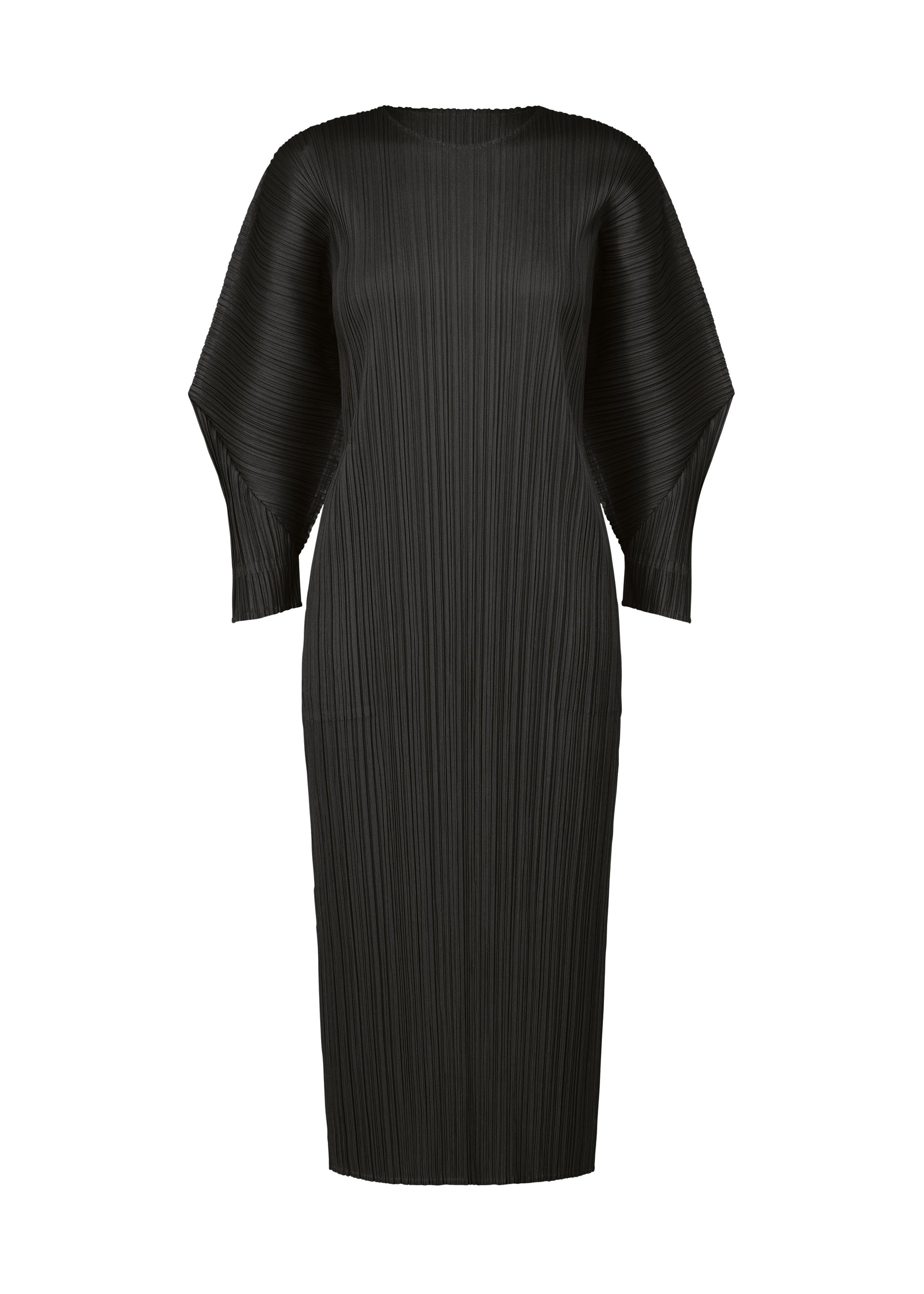 Zoomed view The SKYLINE dress by PLEATS PLEASE ISSEY MIYAKE features a black round-neck, straight silhouette, long dolman sleeves, and textured pleated fabric. Its simple design falls below the knees for effortless elegance. - BLACK （no.15）