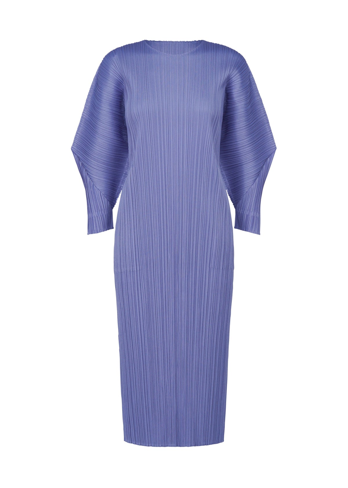 The SKYLINE dress by PLEATS PLEASE ISSEY MIYAKE is a light purple, knee-length piece with a relaxed fit, pleated textured fabric, long dolman sleeves, round neck, and straight silhouette for effortless comfort and style. view 3 of 7
