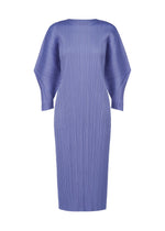 The SKYLINE dress by PLEATS PLEASE ISSEY MIYAKE is a light purple, knee-length piece with a relaxed fit, pleated textured fabric, long dolman sleeves, round neck, and straight silhouette for effortless comfort and style. - STEEL BLUE （no.74）
