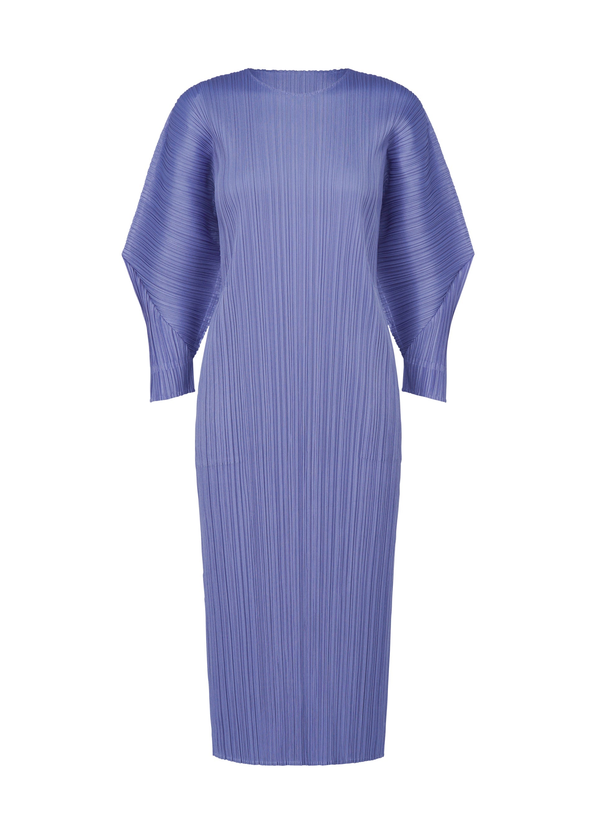 Zoomed view The SKYLINE dress by PLEATS PLEASE ISSEY MIYAKE is a light purple, knee-length piece with a relaxed fit, pleated textured fabric, long dolman sleeves, round neck, and straight silhouette for effortless comfort and style. - STEEL BLUE （no.74）