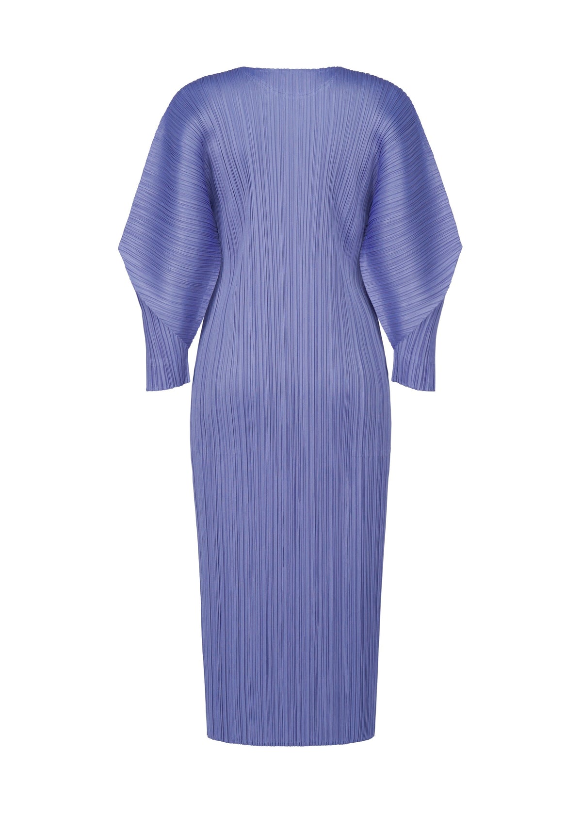 A back view of the SKYLINE dress by PLEATS PLEASE ISSEY MIYAKE—a knee-length, long-sleeved, light purple round-neck piece with vertical pleats, dolman sleeves, and a loose, structured silhouette. view 4 of 7