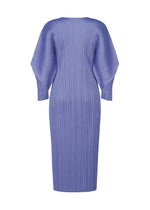 A back view of the SKYLINE dress by PLEATS PLEASE ISSEY MIYAKE—a knee-length, long-sleeved, light purple round-neck piece with vertical pleats, dolman sleeves, and a loose, structured silhouette.