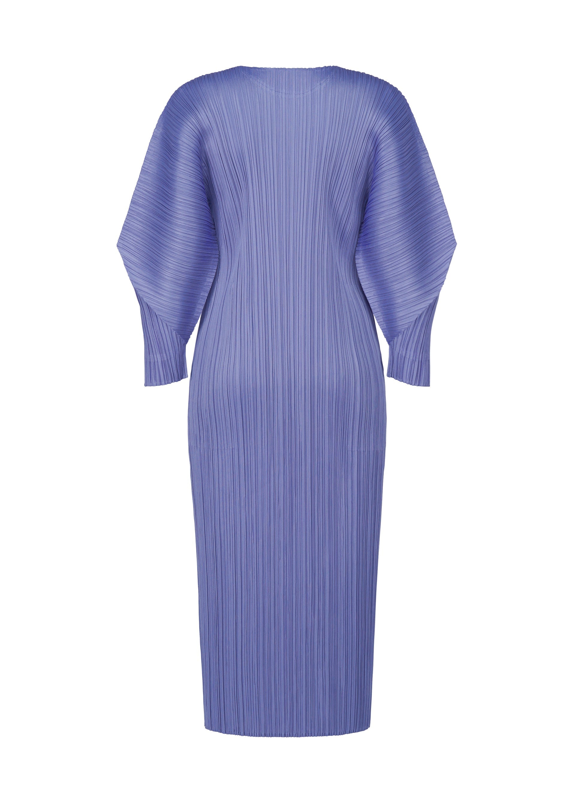 Zoomed view A back view of the SKYLINE dress by PLEATS PLEASE ISSEY MIYAKE—a knee-length, long-sleeved, light purple round-neck piece with vertical pleats, dolman sleeves, and a loose, structured silhouette.